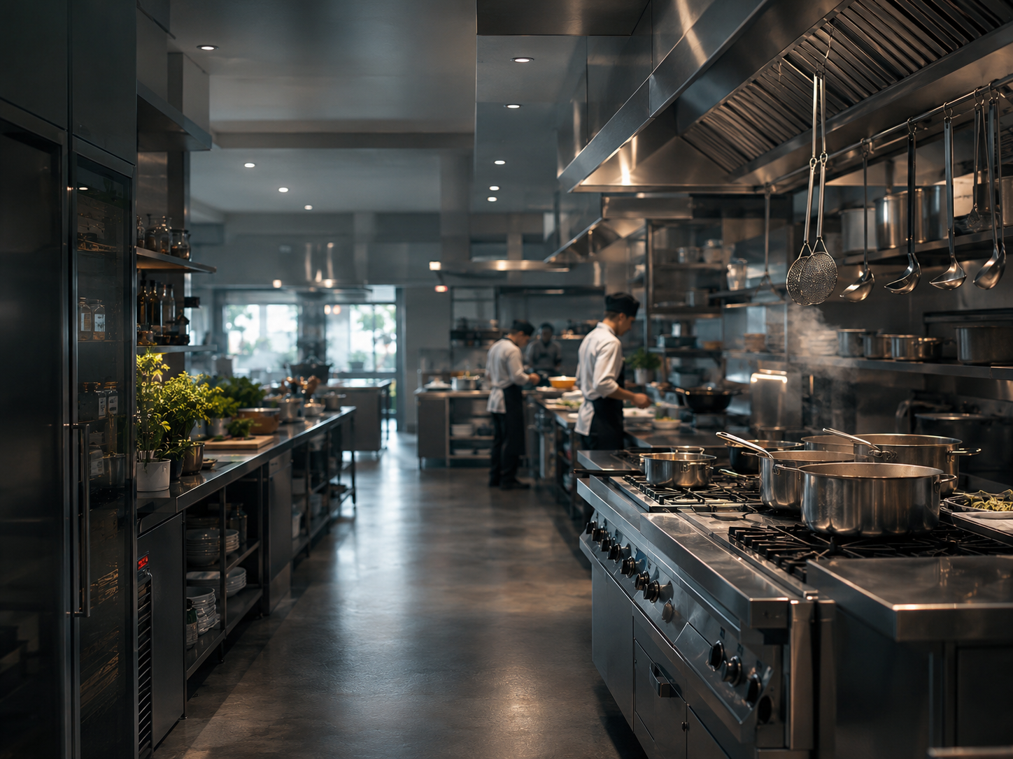 Dos cocineros con chaqueta trabajan en una cocina industrial de acero inoxidable, con ollas en la estufa y utensilios colgados en la campana.